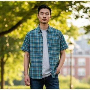 Marmot Men's L Button Up SS Outdoor Hiking Shirt Blue Orange Plaid EUC